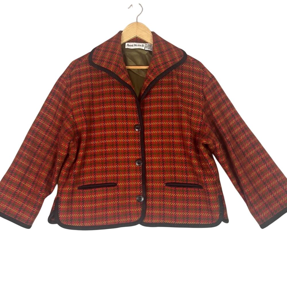 Vintage Ann Klein Wool Cashmere Cropped Jacket Womens Medium Houndstooth Blazer